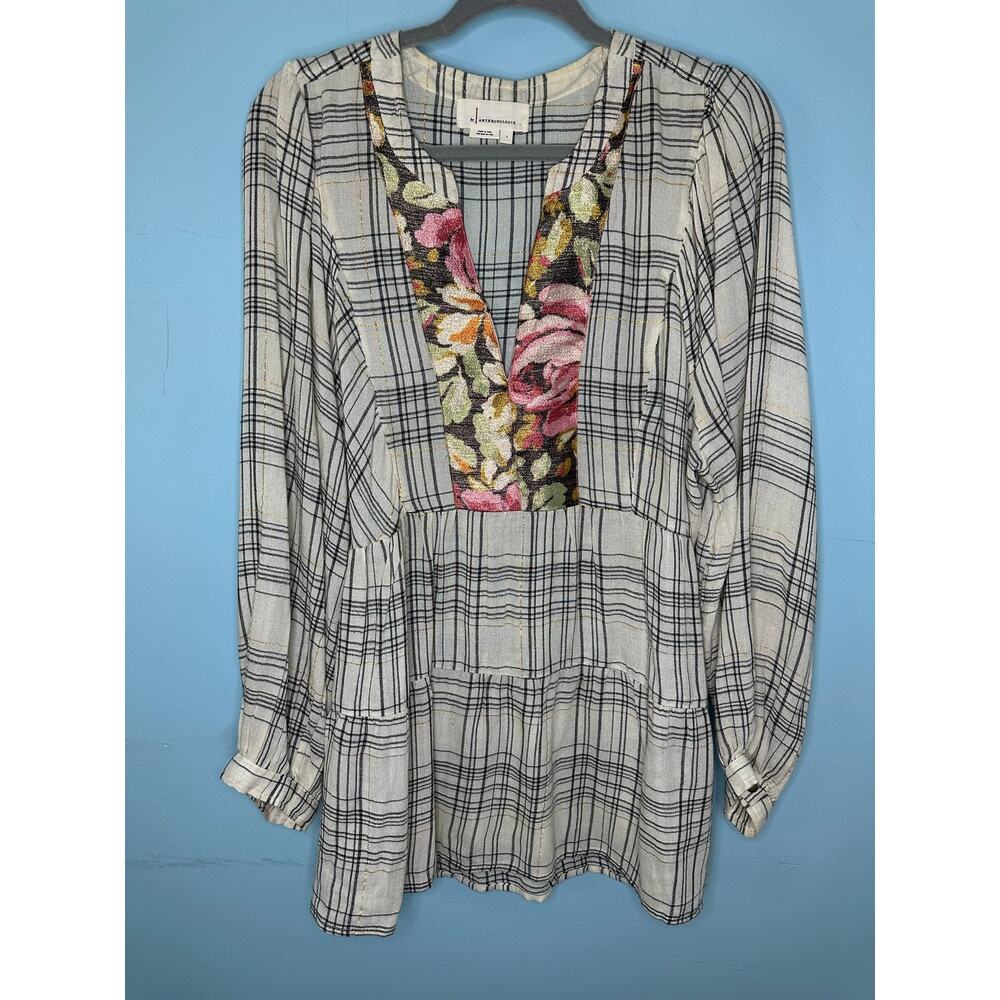 Anthropologie Darlene Plaid Peasant Blouse plaid gold metallic floral Size L